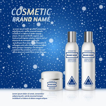 點擊來源直接獲取大圖文件 3d 逼真的化妝品瓶廣告模板 冬季背景下雪花的化妝品品牌廣告概念設計 模板 3d質感矢量日化商品主圖banner模板